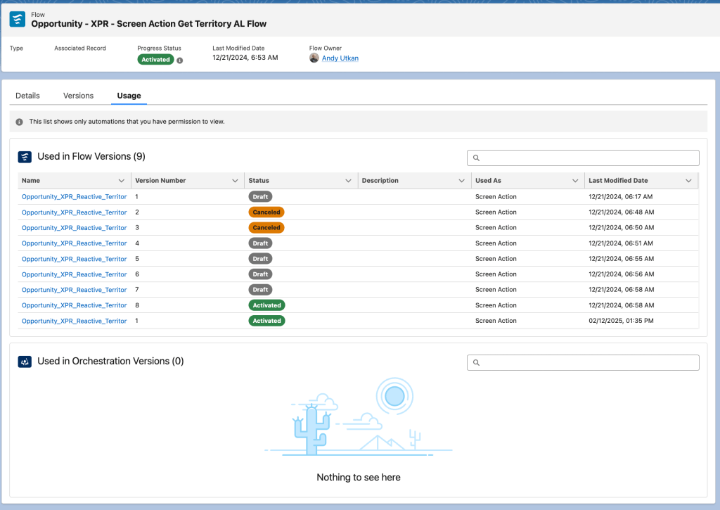 Screenshot of the Usage tab on a Salesforce flow record, showing "Used in Flow Versions" with 9 screen action dependencies across multiple versions and statuses, and "Used in Orchestration Versions" with no results.