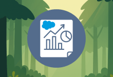 Illustration of a Salesforce report icon featuring a bar chart, line graph, and pie chart against a forest background.