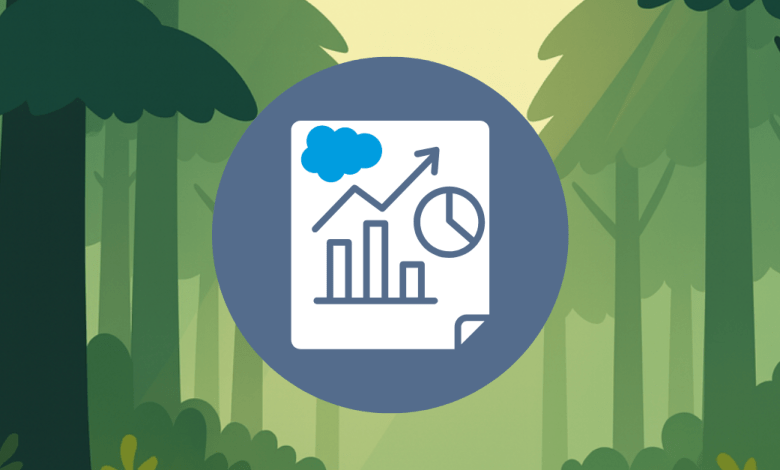 Illustration of a Salesforce report icon featuring a bar chart, line graph, and pie chart against a forest background.