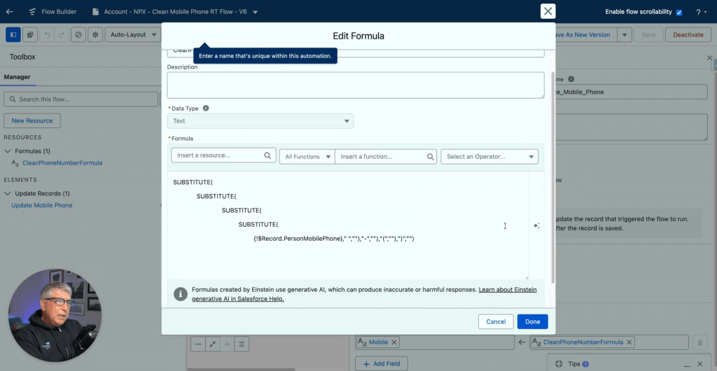 Salesforce Flow Builder showing the Edit Formula dialog for a CleanPhoneNumberFormula resource, with nested SUBSTITUTE functions stripping spaces, dashes, parentheses, and periods from the PersonMobilePhone field.