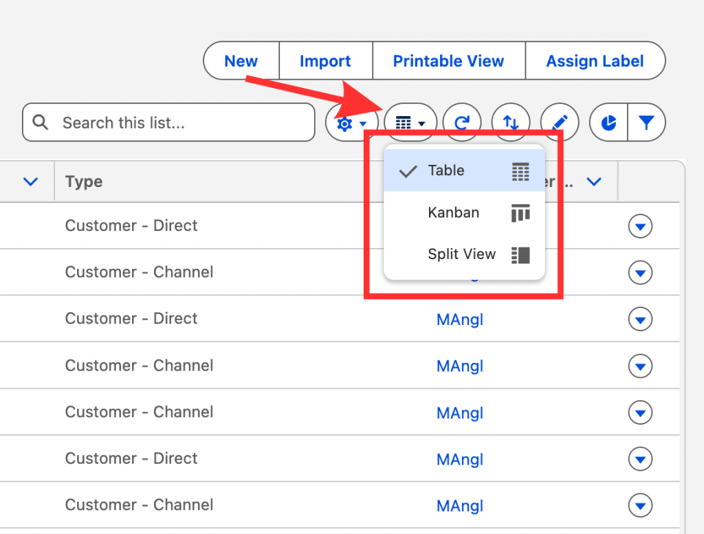 Screenshot from author's Salesforce Developer org showing the List View toolbar with the display options dropdown open. A red arrow points to the dropdown and a red box highlights the three available view options: Table (currently selected with a checkmark), Kanban, and Split View.