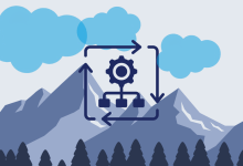 Illustration of a gear and hierarchy diagram inside a circular arrow loop, representing bidirectional flow dependencies, set against a mountain and cloud background.