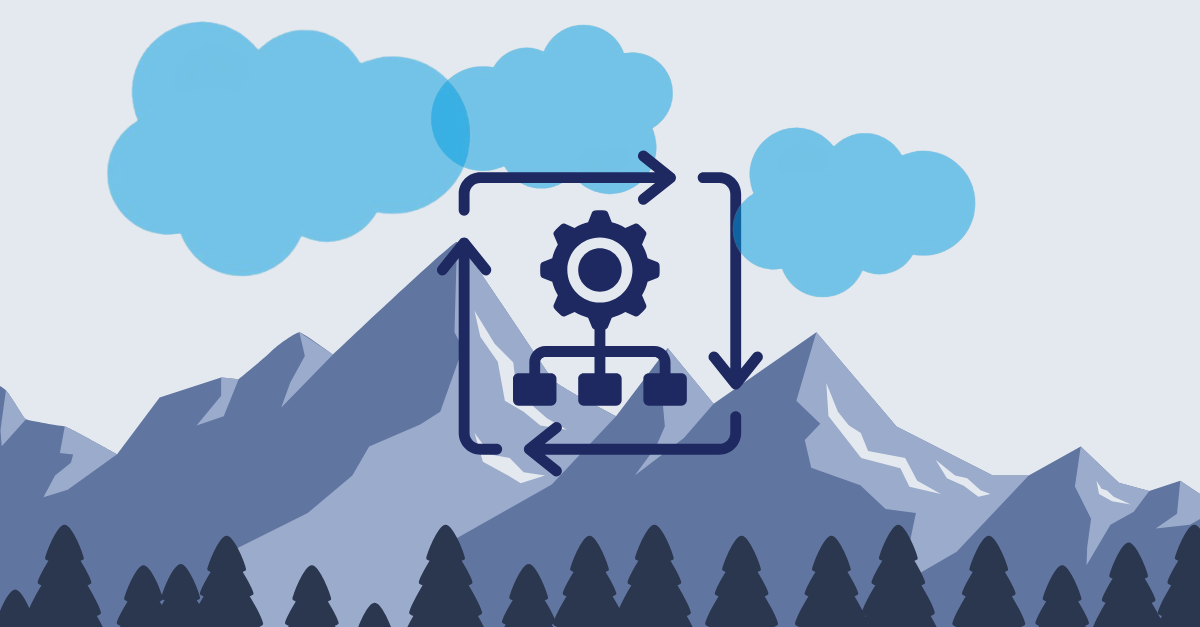 Illustration of a gear and hierarchy diagram inside a circular arrow loop, representing bidirectional flow dependencies, set against a mountain and cloud background.