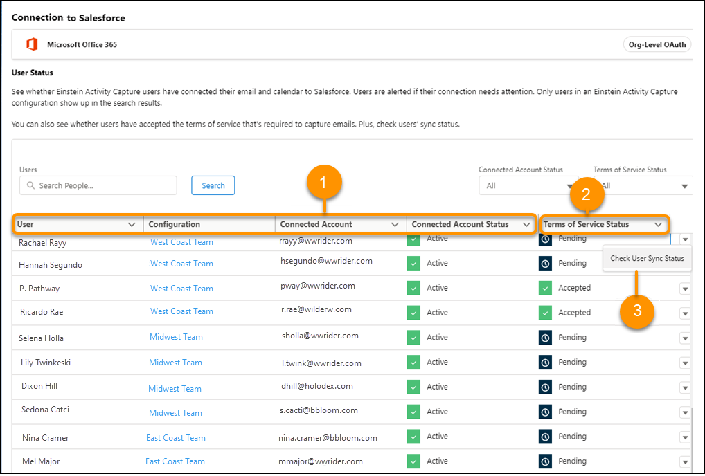The Einstein Activity Capture User Status page in Salesforce Setup, showing a list of users with their assigned configuration, connected account, connection status, and terms of service status.