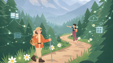 Two hikers on a mountain path surrounded by glowing connected system icons, symbolizing AI agents, APIs, and interoperable enterprise systems.