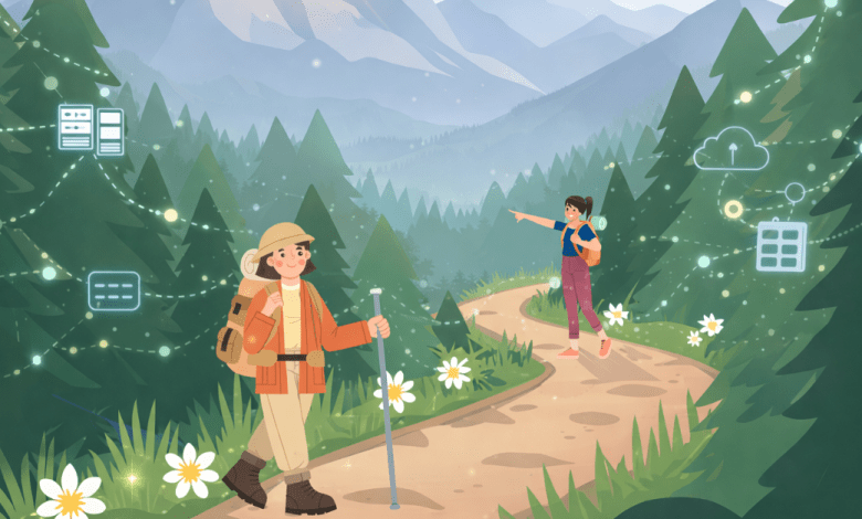Two hikers on a mountain path surrounded by glowing connected system icons, symbolizing AI agents, APIs, and interoperable enterprise systems.