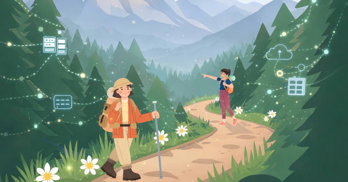 Two hikers on a mountain path surrounded by glowing connected system icons, symbolizing AI agents, APIs, and interoperable enterprise systems.