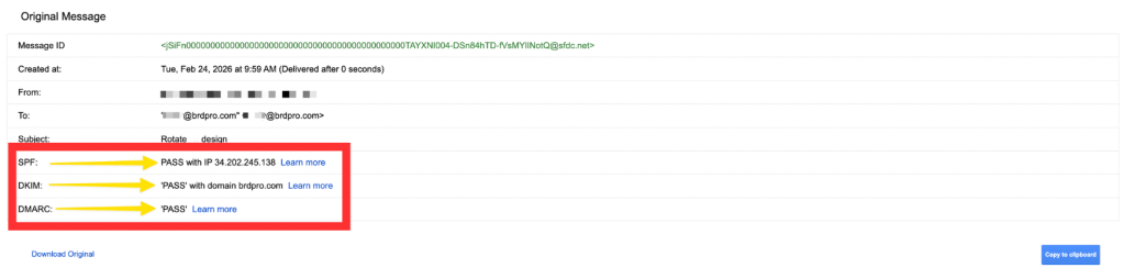 Email header analysis showing SPF, DKIM, and DMARC all passing for a message sent from a Salesforce org with a verified domain.