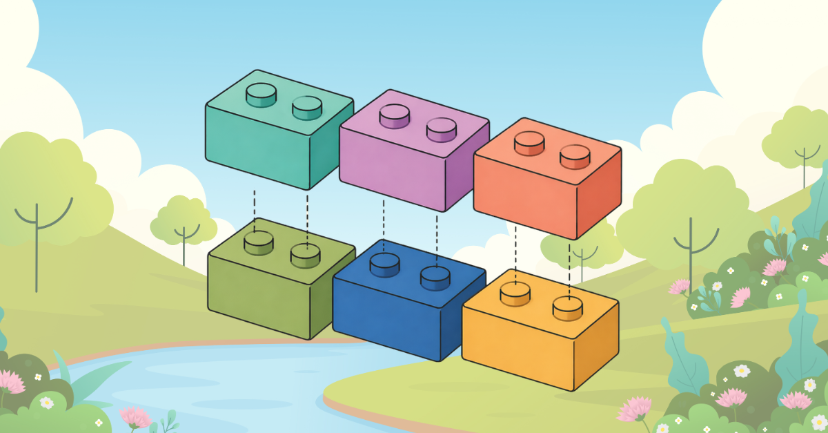 8:45 AMSix colorful LEGO-style building blocks float above a cartoon landscape, connected by dashed lines suggesting modular integration or interoperability.