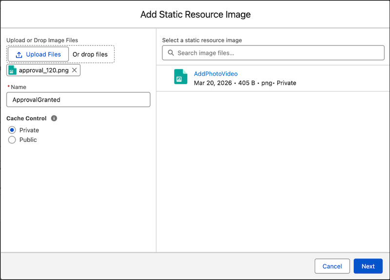 The "Add Static Resource Image" dialog in Flow Builder, showing an upload area on the left with a file queued for upload and a name field, and a searchable library of existing static resource images on the right.