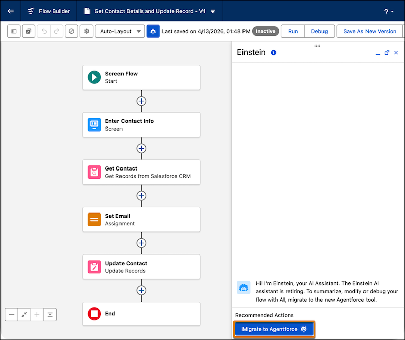9:30 AMFlow Builder canvas showing a screen flow called "Get Contact Details and Update Record - V1" in Auto-Layout mode, with an Einstein AI panel open on the right prompting users to migrate from the retiring Einstein AI assistant to the new Agentforce tool.