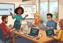 A cartoon-style illustration of four people gathered around a conference table in a bright office. A woman stands at a whiteboard presenting platform updates, deployment steps, and Q4 goals, gesturing toward a diagram. A screen on the wall displays "Summer 26." Three colleagues sit at the table with laptops open, two of which show "Implementing Changes" and "Deployment Successful" on their screens. Coffee mugs, a water pitcher, and notebooks are on the table. A bookshelf and plants are visible in the background.