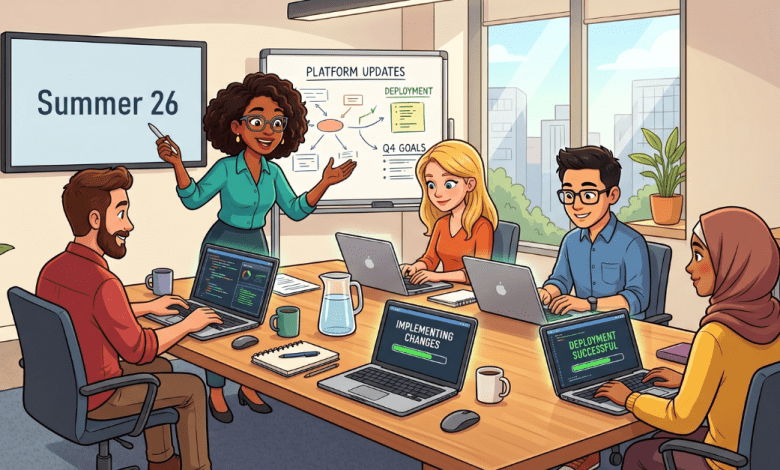 A cartoon-style illustration of four people gathered around a conference table in a bright office. A woman stands at a whiteboard presenting platform updates, deployment steps, and Q4 goals, gesturing toward a diagram. A screen on the wall displays "Summer 26." Three colleagues sit at the table with laptops open, two of which show "Implementing Changes" and "Deployment Successful" on their screens. Coffee mugs, a water pitcher, and notebooks are on the table. A bookshelf and plants are visible in the background.