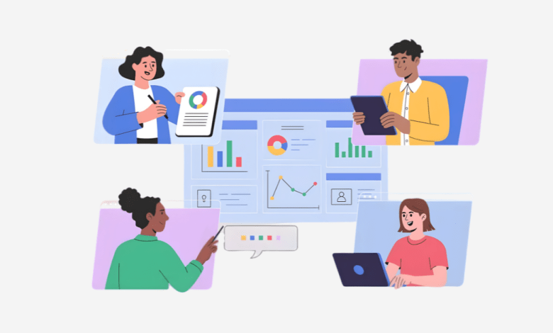 Illustration of four people collaborating remotely across digital screens, each appearing in their own colorful window panel. A woman in a blue cardigan presents a chart, a man in a yellow shirt reviews a tablet, a woman in a green top points to a chat bubble, and a woman in a pink shirt works on a laptop. Between them, a shared dashboard displays bar charts, a donut chart, and a line graph, representing real-time data sharing across a connected team.