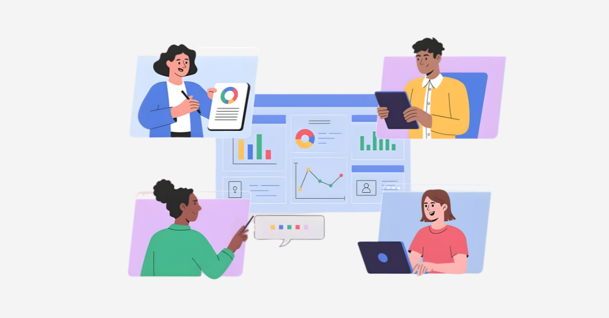 Illustration of four people collaborating remotely across digital screens, each appearing in their own colorful window panel. A woman in a blue cardigan presents a chart, a man in a yellow shirt reviews a tablet, a woman in a green top points to a chat bubble, and a woman in a pink shirt works on a laptop. Between them, a shared dashboard displays bar charts, a donut chart, and a line graph, representing real-time data sharing across a connected team.
