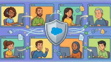 Illustrated graphic showing seven diverse professionals working at computers, connected by flowing arrows and document icons routing through a central Salesforce shield logo, representing an approval workflow process.
