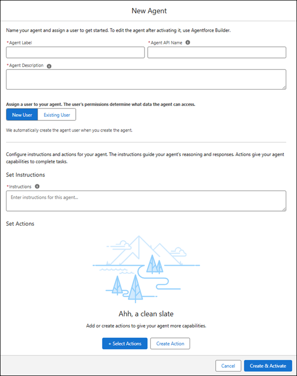 The "New Agent" configuration panel in Flow Builder, showing fields for Agent Label, Agent API Name, Agent Description, user assignment options, and sections for setting agent instructions and actions.