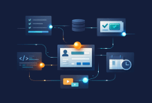 Illustration showing a central user profile card connected by lines to surrounding interface elements including a checklist, a database, a code editor, an approval panel, a calendar, and a video player, representing an agentic system accessing data and tools across multiple surfaces.