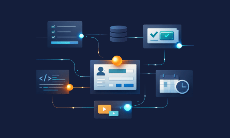 Illustration showing a central user profile card connected by lines to surrounding interface elements including a checklist, a database, a code editor, an approval panel, a calendar, and a video player, representing an agentic system accessing data and tools across multiple surfaces.