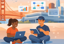 2D cartoon illustration of a Black woman and a man sitting with laptops in front of the San Francisco skyline and Golden Gate Bridge, with floating tech interface icons above them.