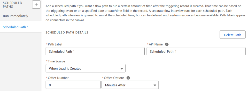 Screenshot of the Scheduled Paths configuration panel in Salesforce Flow Builder. The left sidebar shows two paths: "Run Immediately" and the currently selected "Scheduled Path 1." The Scheduled Path Details form shows a Path Label of "Scheduled Path 1," API Name of "Scheduled_Path_1," Time Source set to "When Lead is Created," Offset Number of 0, and Offset Options set to "Minutes After." A "Delete Path" button appears in the upper right of the form.