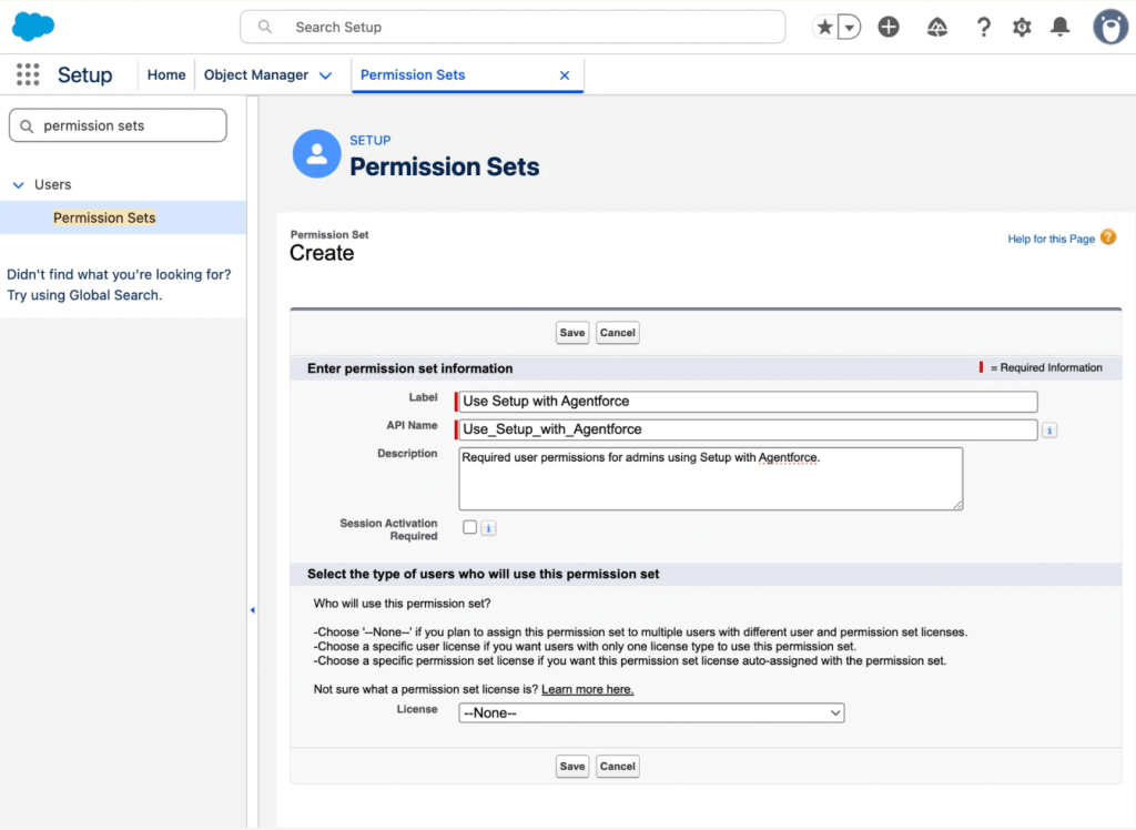 A screenshot of the Permission Sets creation page in Salesforce Setup, showing a new permission set being created with the label "Use Setup with Agentforce," API name "Use_Setup_with_Agentforce," and the License field set to None.