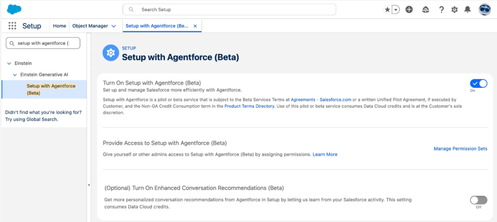 A screenshot of the Setup with Agentforce (Beta) configuration page in Salesforce Setup, showing three sections: the main toggle to turn on Setup with Agentforce (currently enabled), a section to provide access by assigning permission sets, and an optional toggle to enable Enhanced Conversation Recommendations (currently off).