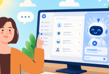 9:27 AMA cartoon illustration of a woman pointing at a computer screen showing a Salesforce Setup interface with an AI chatbot assistant open in a side panel.