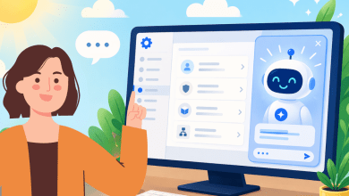 9:27 AMA cartoon illustration of a woman pointing at a computer screen showing a Salesforce Setup interface with an AI chatbot assistant open in a side panel.