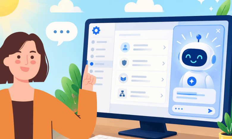 9:27 AMA cartoon illustration of a woman pointing at a computer screen showing a Salesforce Setup interface with an AI chatbot assistant open in a side panel.