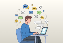 Minimalist 2D illustration of a person sitting at a laptop, surrounded by floating chat bubbles, email icons, and message notifications, representing digital communication and email activity.