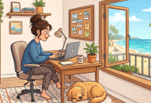 Illustrated cartoon of a woman with dark hair in a bun working on a MacBook at a wooden desk. A golden retriever sleeps at her feet. The cozy home office includes a cork board, bookshelf with a "Dream Big" sign, houseplants, and an "Adventure" mug. A large open door reveals a sunny beach scene with palm trees, surfers, and turquoise water.