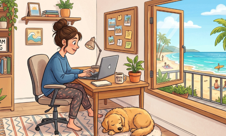 Illustrated cartoon of a woman with dark hair in a bun working on a MacBook at a wooden desk. A golden retriever sleeps at her feet. The cozy home office includes a cork board, bookshelf with a "Dream Big" sign, houseplants, and an "Adventure" mug. A large open door reveals a sunny beach scene with palm trees, surfers, and turquoise water.