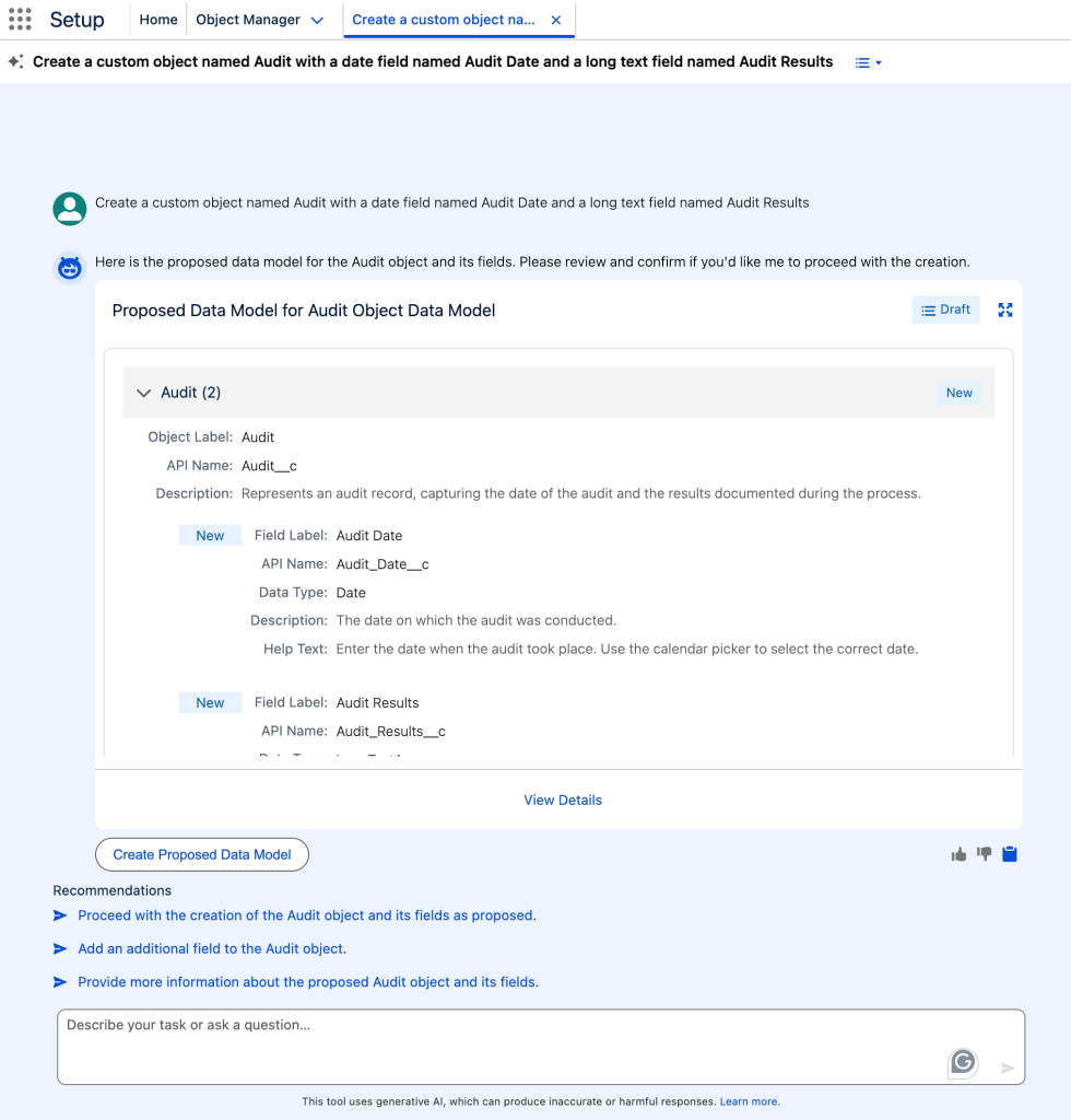 A screenshot of the Setup with Agentforce interface showing a proposed data model for a custom Audit object, including two new fields: Audit Date and Audit Results, with a confirmation button to create the proposed data model.