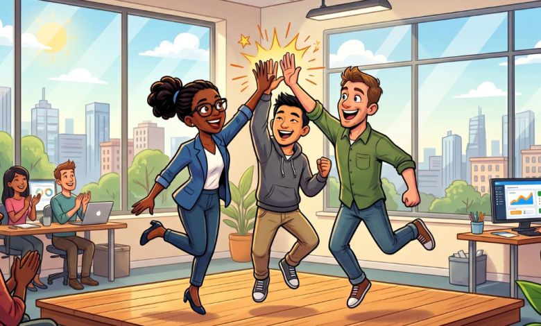 A cartoon-style illustration of a diverse team celebrating in a bright, modern office. Three professionals in the center—a Black woman in a blue blazer, an East Asian man in a grey hoodie, and a Caucasian man in a green shirt—are jumping mid-air and sharing a high-five. In the background, other colleagues are seated at desks with laptops, smiling and clapping. Large floor-to-ceiling windows reveal a sunny city skyline with skyscrapers and trees. The atmosphere is energetic, joyful, and collaborative.