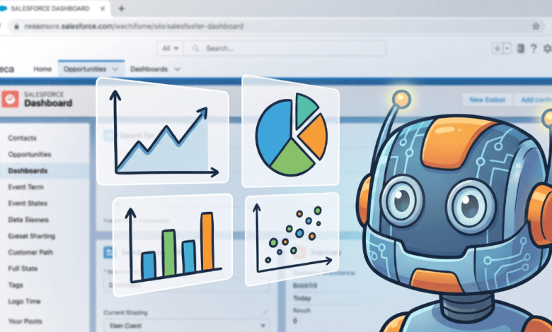 Illustrated AI robot character overlaid on a blurred Salesforce dashboard interface with charts and graphs representing data analysis and automation capabilities