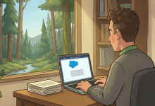 Illustrated image of a Salesforce admin working on a laptop displaying the Salesforce logo, seated at a desk with a forest view through the window.