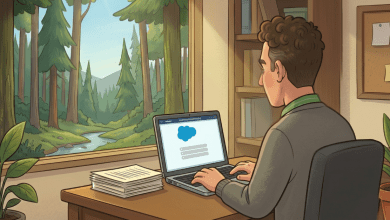 Illustrated image of a Salesforce admin working on a laptop displaying the Salesforce logo, seated at a desk with a forest view through the window.