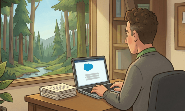 Illustrated image of a Salesforce admin working on a laptop displaying the Salesforce logo, seated at a desk with a forest view through the window.