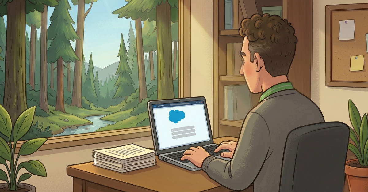Illustrated image of a Salesforce admin working on a laptop displaying the Salesforce logo, seated at a desk with a forest view through the window.