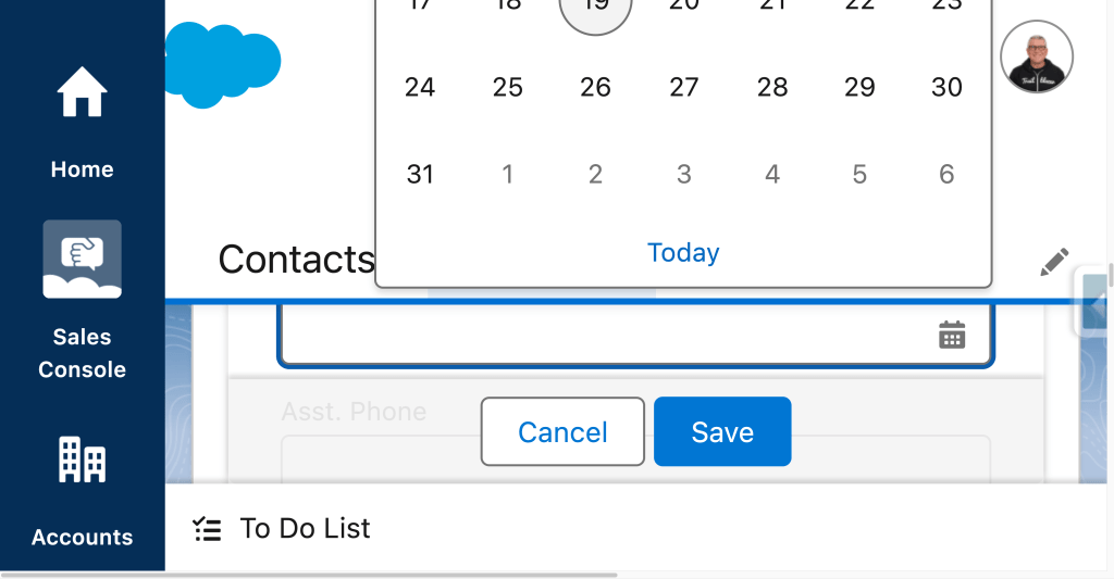 A cropped screenshot of a Salesforce Lightning record page at 400% zoom, demonstrating the reflow accessibility update. A large calendar date picker overlay is open above a form field labeled "Birthday", which features a small calendar icon on its right edge. Below the field, "Cancel" and "Save" action buttons are fully visible. The dark blue vertical navigation bar on the left remains accessible with oversized icons and labels for "Home", "Sales Console", and "Accounts", showing how components wrap and stack correctly at high magnification without clipping text.