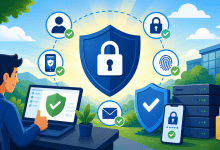 2D cartoon illustration of a person using a laptop surrounded by security icons, including a shield with a lock, fingerprint scan, mobile device, and checkmarks, set in a bright outdoor environment symbolizing safe and protected digital access.