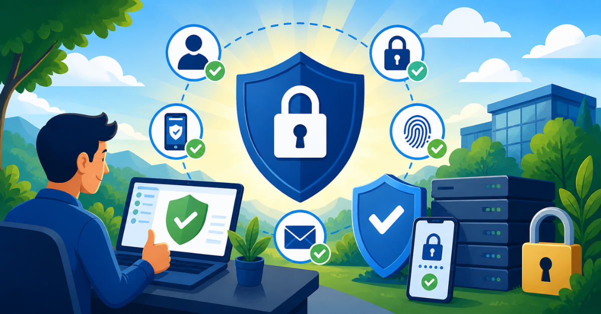 2D cartoon illustration of a person using a laptop surrounded by security icons, including a shield with a lock, fingerprint scan, mobile device, and checkmarks, set in a bright outdoor environment symbolizing safe and protected digital access.