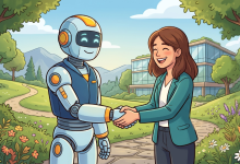 A cartoon illustration of a friendly robot and a smiling businesswoman shaking hands outdoors, surrounded by colorful flowers and trees, with a modern glass office building in the background.