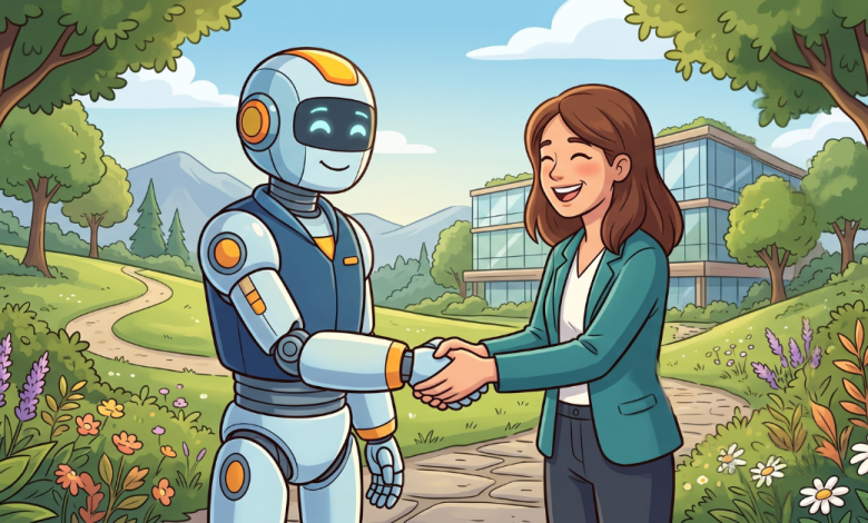 A cartoon illustration of a friendly robot and a smiling businesswoman shaking hands outdoors, surrounded by colorful flowers and trees, with a modern glass office building in the background.