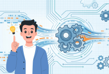 A cartoon illustration of a smiling man with dark hair, wearing a blue cardigan over a white t-shirt, pointing a finger upward with a glowing lightbulb above it to represent a "eureka" moment. He is positioned in front of a technical, abstract background featuring blue and orange data flow lines, gears, and circuit-board-style patterns on a light-grid background.