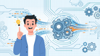 A cartoon illustration of a smiling man with dark hair, wearing a blue cardigan over a white t-shirt, pointing a finger upward with a glowing lightbulb above it to represent a "eureka" moment. He is positioned in front of a technical, abstract background featuring blue and orange data flow lines, gears, and circuit-board-style patterns on a light-grid background.
