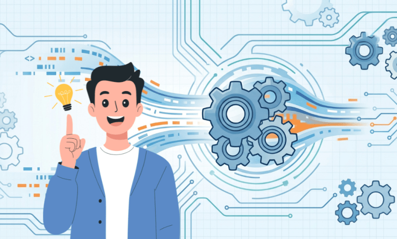 A cartoon illustration of a smiling man with dark hair, wearing a blue cardigan over a white t-shirt, pointing a finger upward with a glowing lightbulb above it to represent a "eureka" moment. He is positioned in front of a technical, abstract background featuring blue and orange data flow lines, gears, and circuit-board-style patterns on a light-grid background.