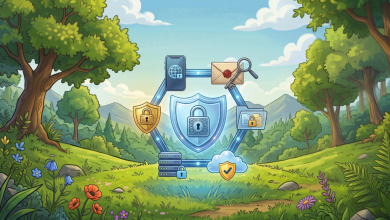 Illustrated graphic showing a central security shield with a padlock surrounded by connected icons representing a mobile device, email authentication, a locked file, a secured server, and a cloud with a checkmark, set against a lush outdoor landscape.