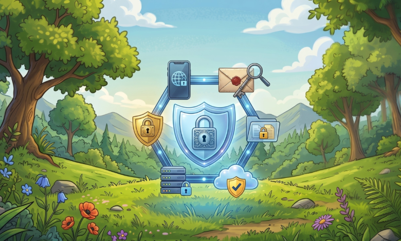 Illustrated graphic showing a central security shield with a padlock surrounded by connected icons representing a mobile device, email authentication, a locked file, a secured server, and a cloud with a checkmark, set against a lush outdoor landscape.